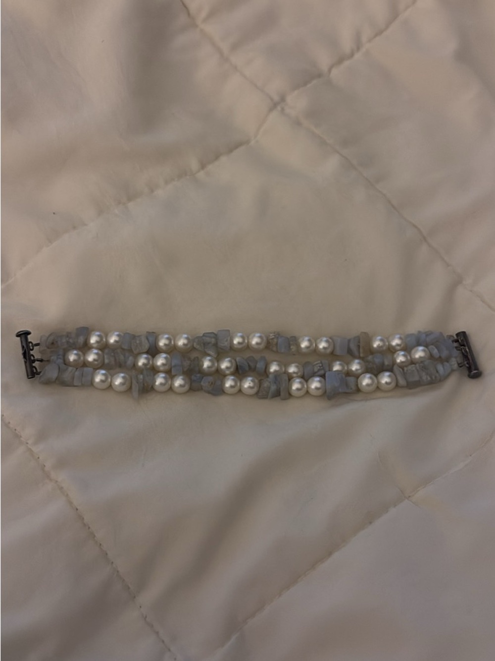 Triple-Row Pearl and Light Gray Chip Bracelet
